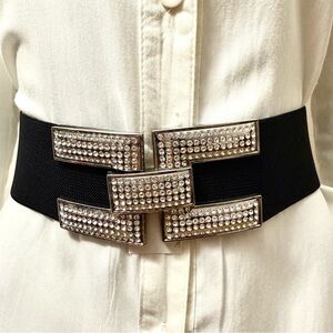 Black PU leather elastic waistband belt with silver buckle and rhinestone